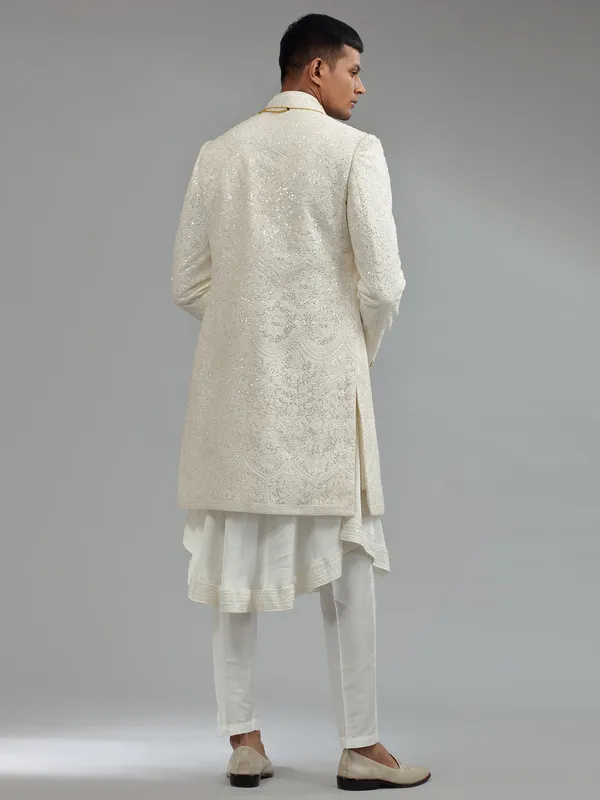 White silk sherwani with dupatta
