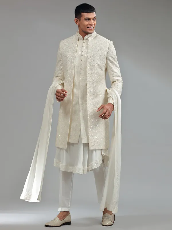 White silk sherwani with dupatta