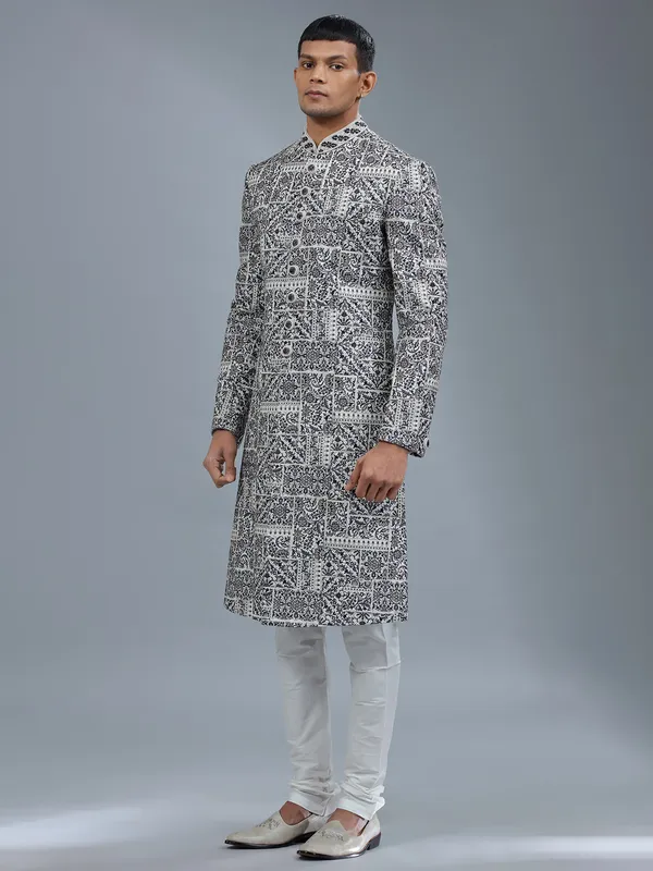 White silk sherwani with multicolor embroidery