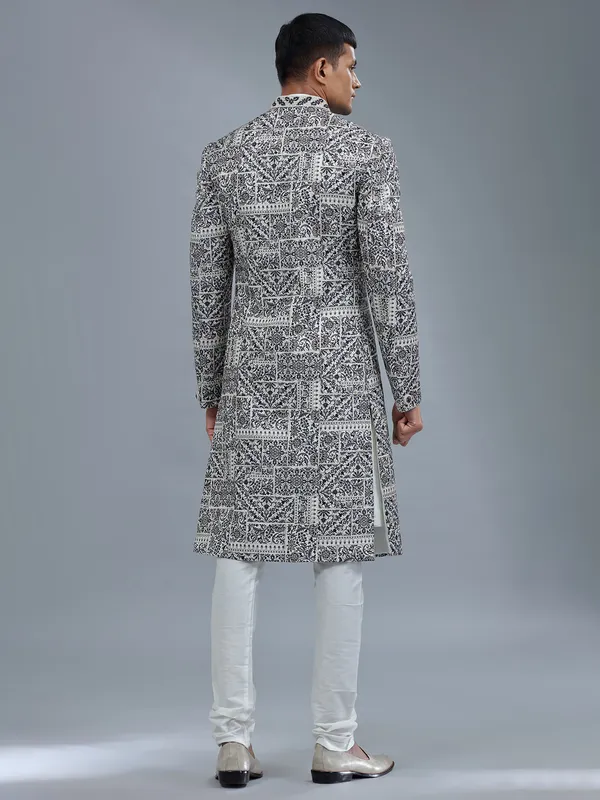 White silk sherwani with multicolor embroidery