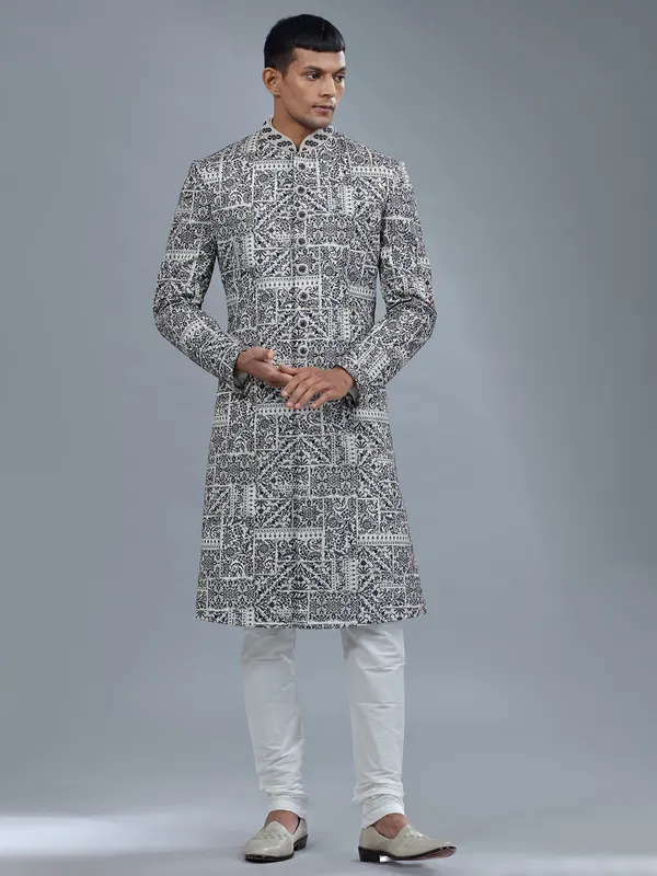 White silk sherwani with multicolor embroidery