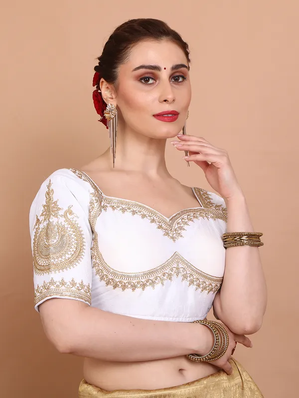 White silk embroidered elbow sleeves ready made blouse