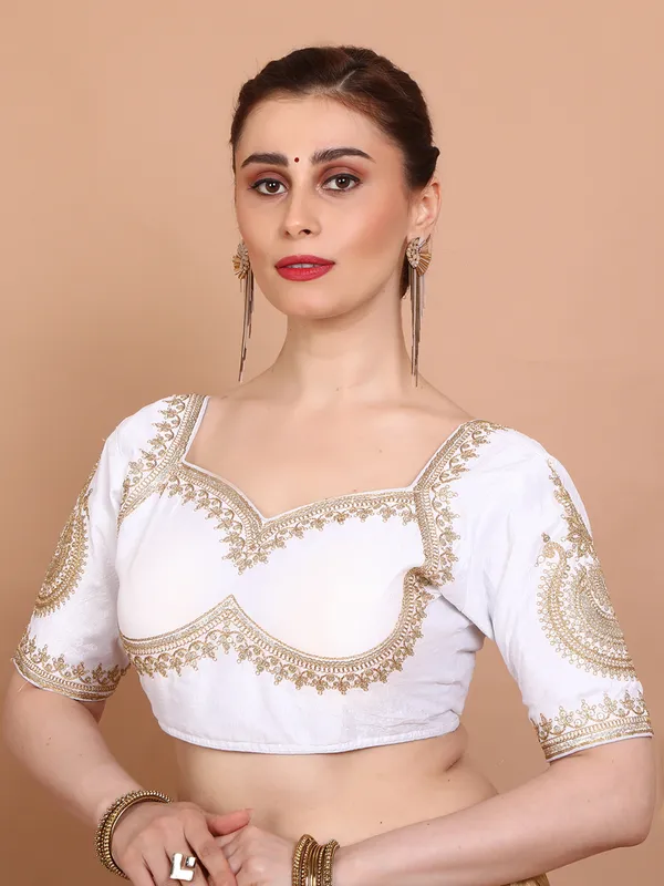 White silk embroidered elbow sleeves ready made blouse