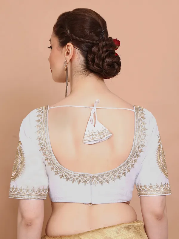White silk embroidered elbow sleeves ready made blouse