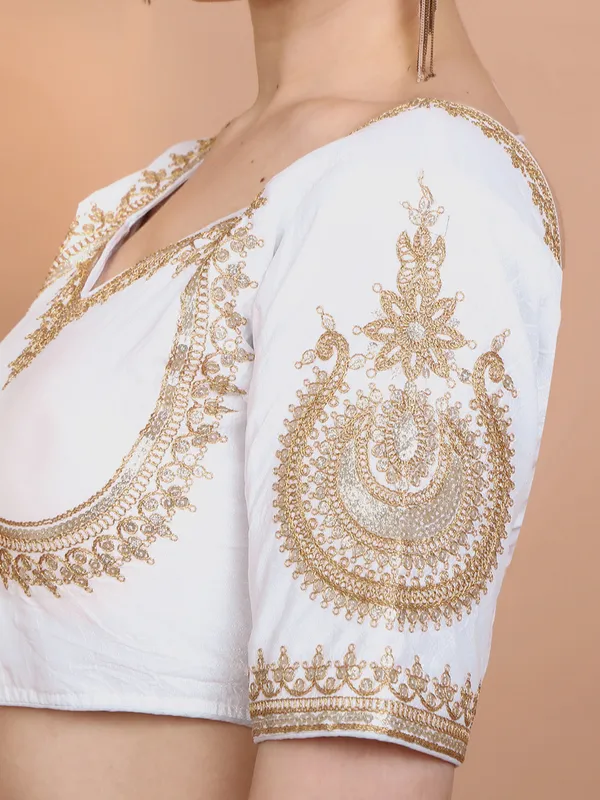 White silk embroidered elbow sleeves ready made blouse