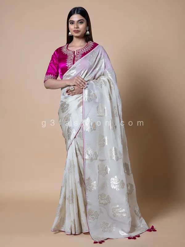 White soft organza saree with readymade blouse