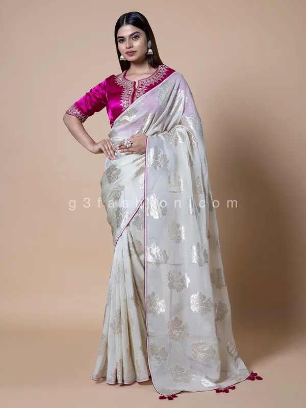 White soft organza saree with readymade blouse