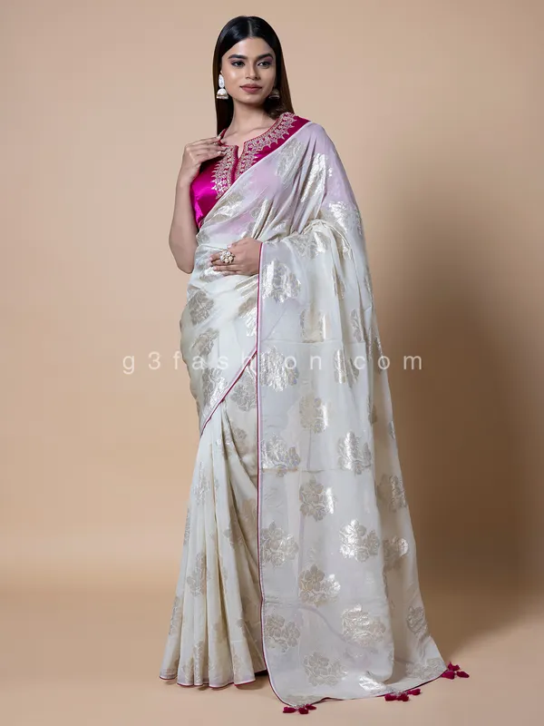 White soft organza saree with readymade blouse