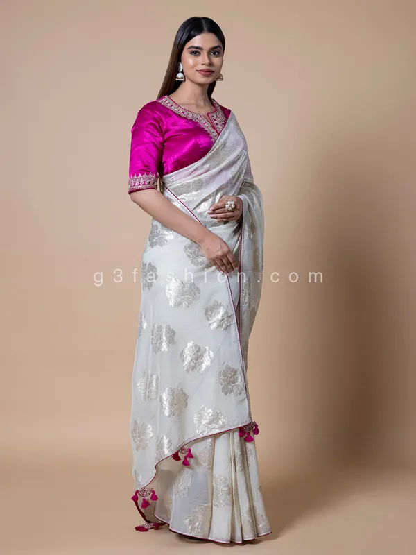 White soft organza saree with readymade blouse