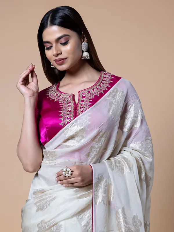 White soft organza saree with readymade blouse