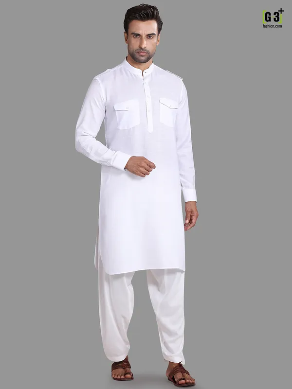 White solid pathani suit for festive wear