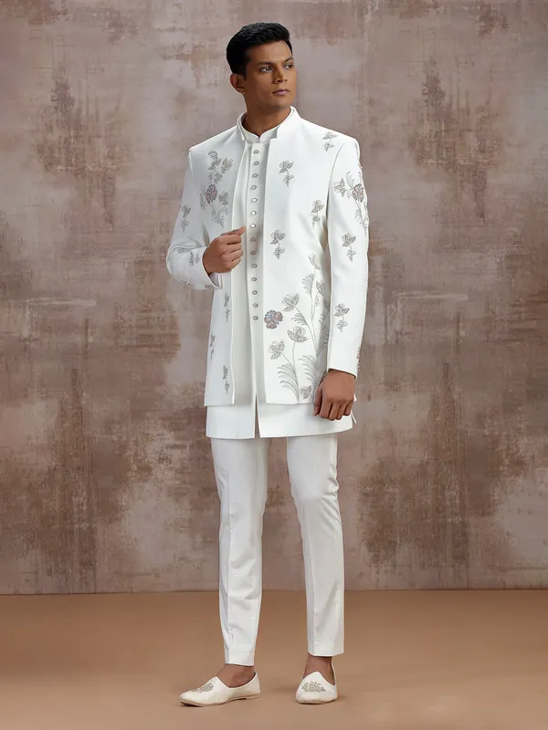 White terry rayon jacket style indo western