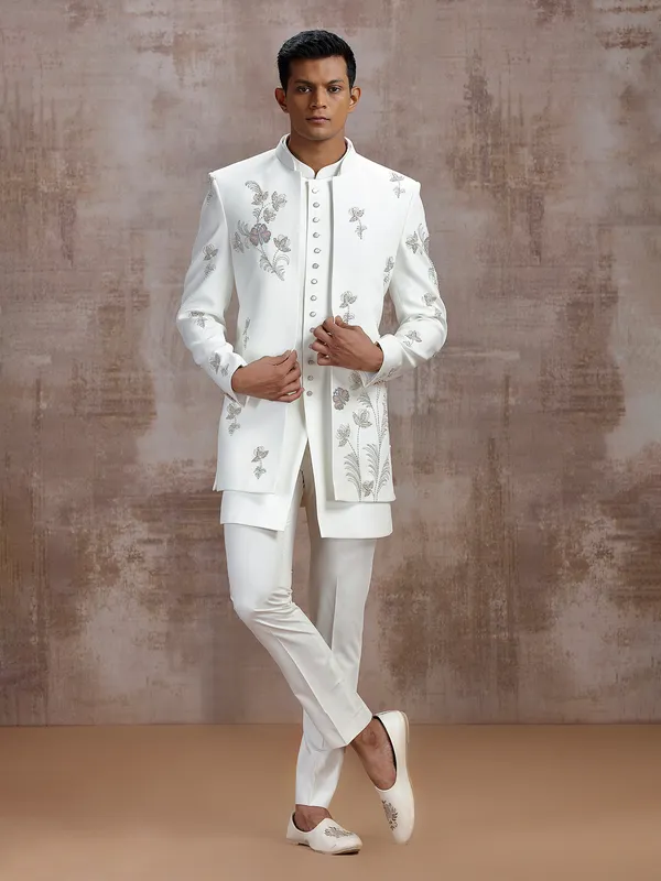 White terry rayon jacket style indo western