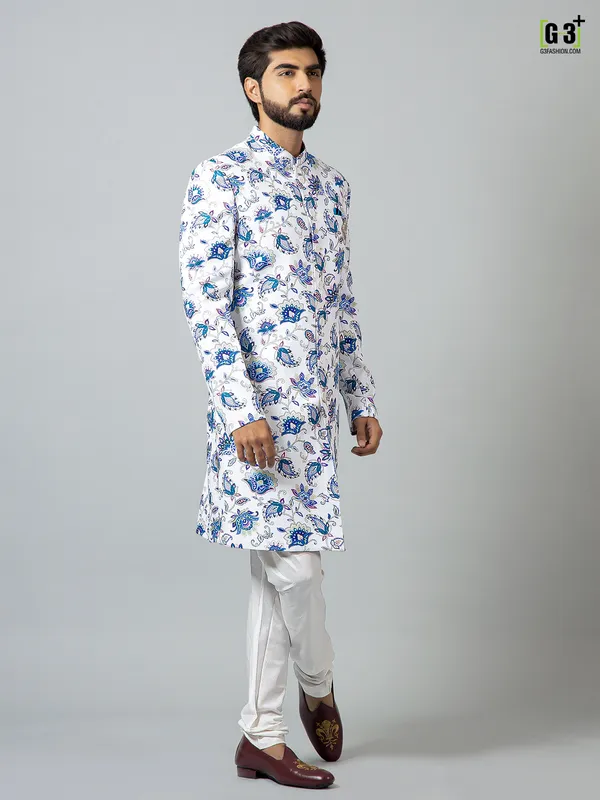 White terry rayon printed indo western for men