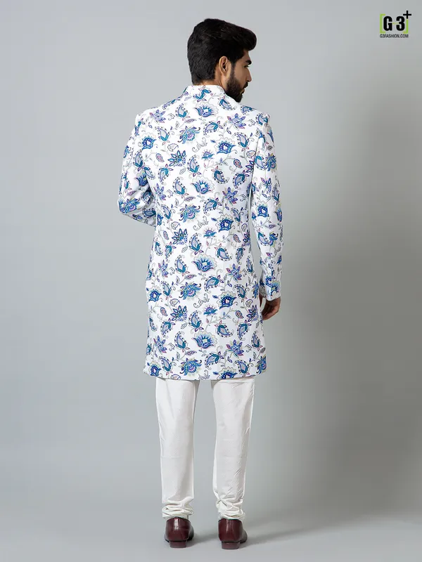 White terry rayon printed indo western for men