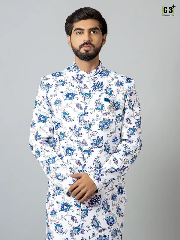 White terry rayon printed indo western for men