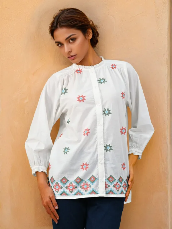 White thread work top in cotton