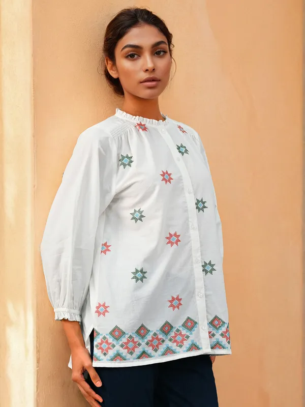 White thread work top in cotton