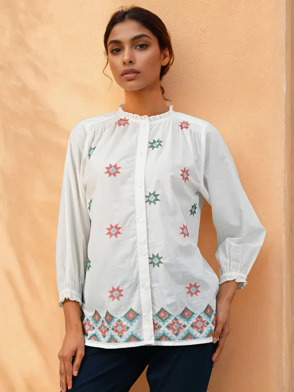 White thread work top in cotton