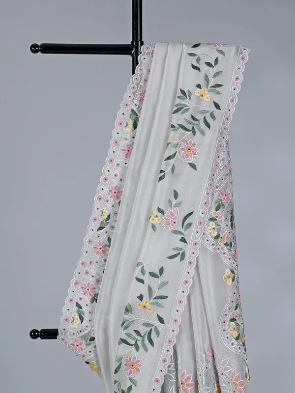 White tissue silk saree with beads and embroidery