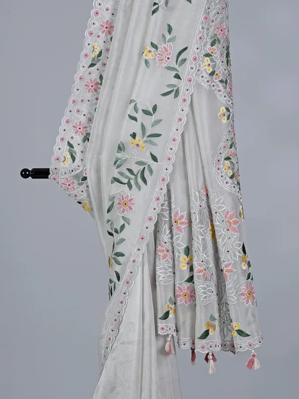 White tissue silk saree with beads and embroidery