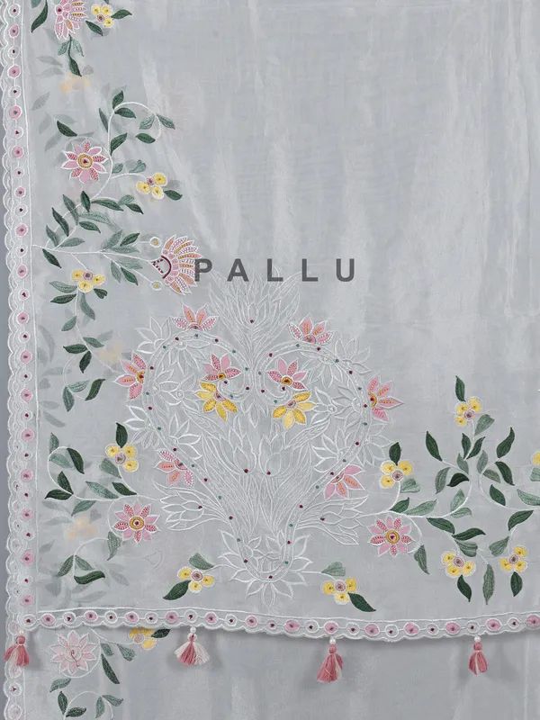 White tissue silk saree with beads and embroidery