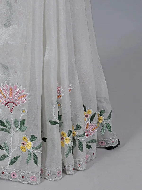 White tissue silk saree with beads and embroidery