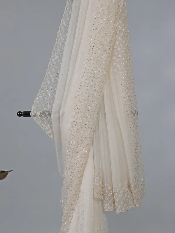 White tissue silk saree with diamond work