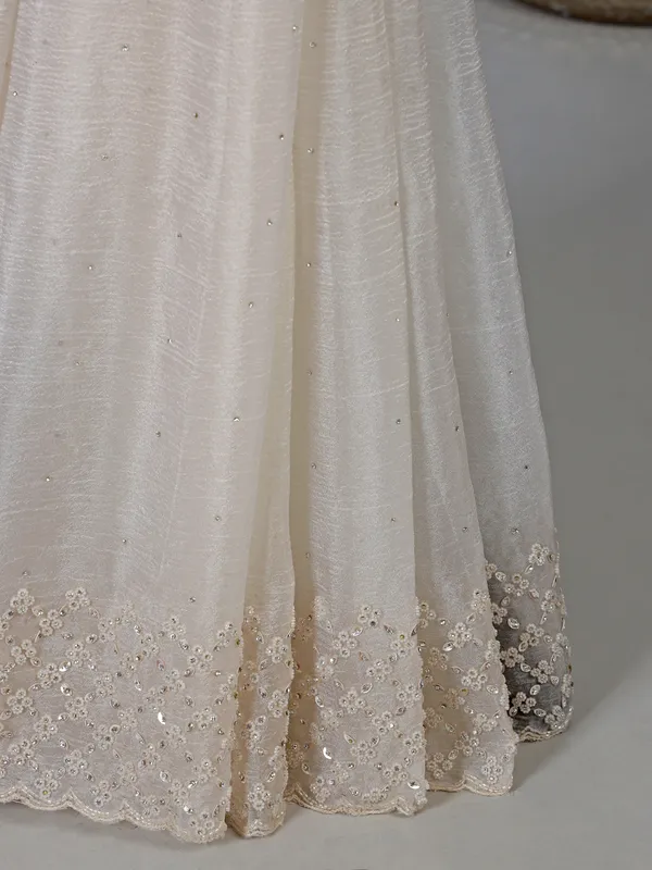 White tissue silk saree with diamond work