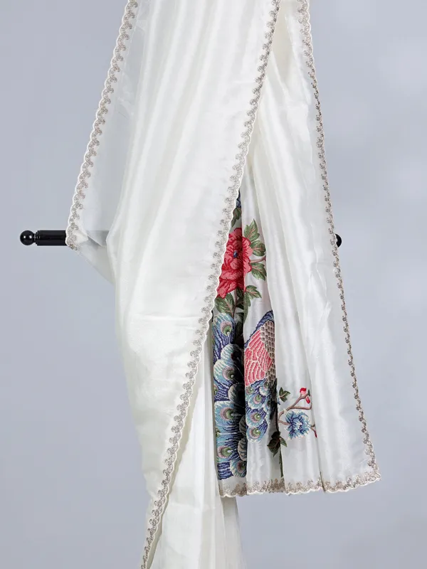 White tissue silk saree with peacock embroidery