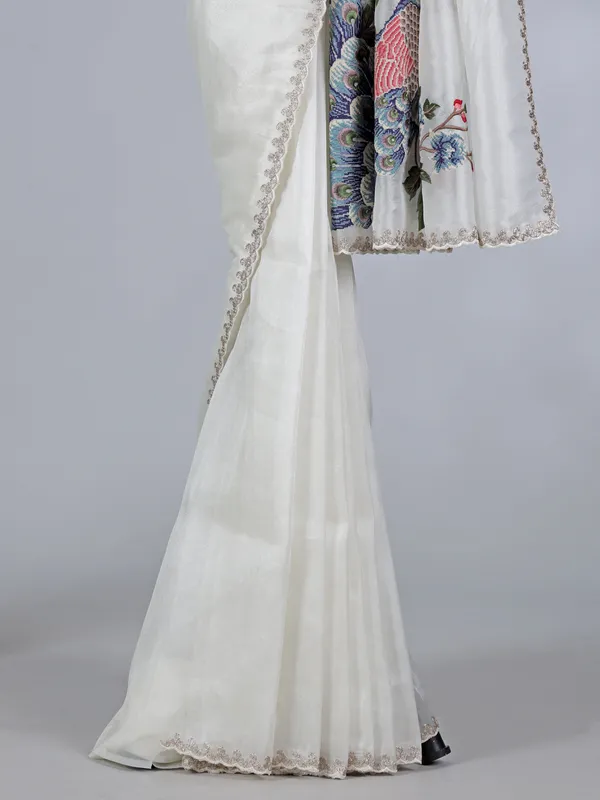 White tissue silk saree with peacock embroidery