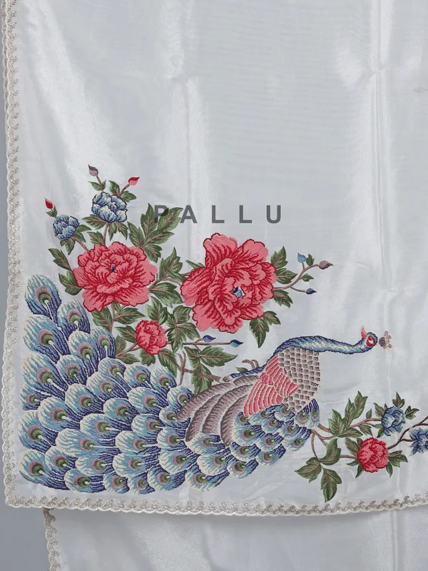 White tissue silk saree with peacock embroidery