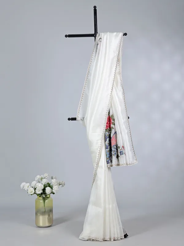 White tissue silk saree with peacock embroidery