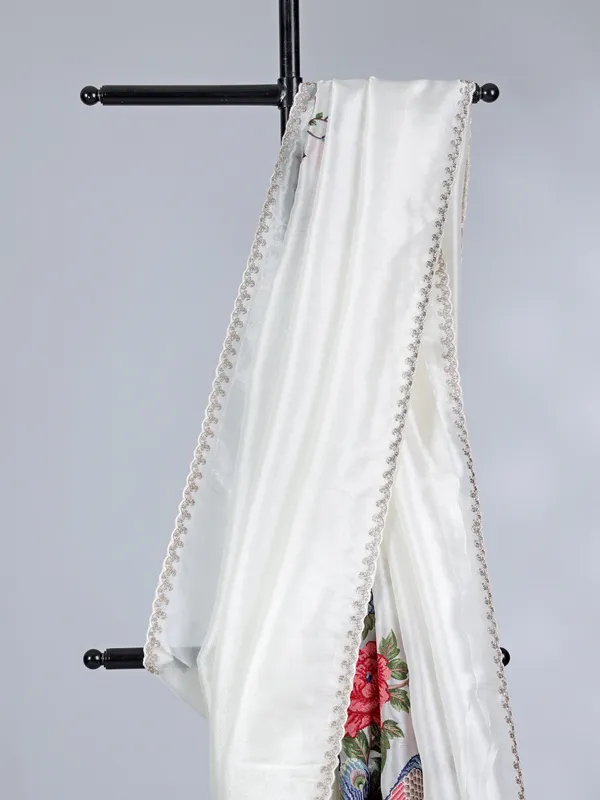 White tissue silk saree with peacock embroidery