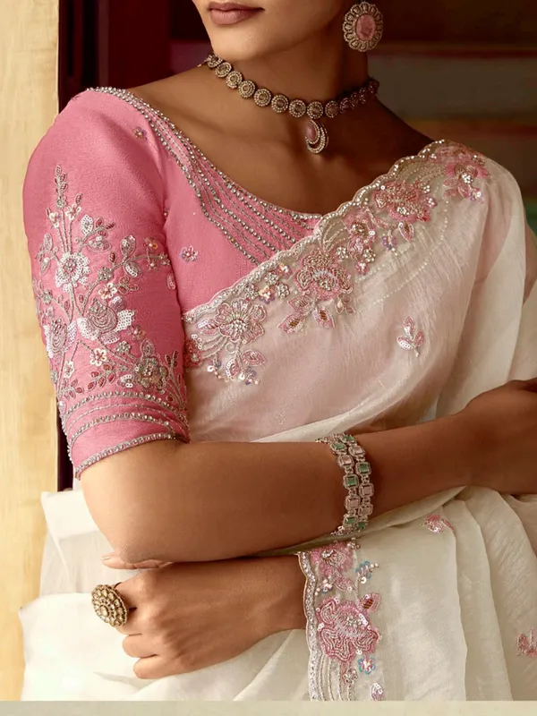 White tissue silk saree with resham work for festive