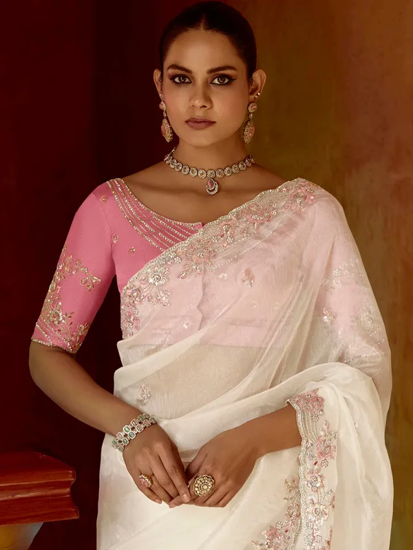White tissue silk saree with resham work for festive