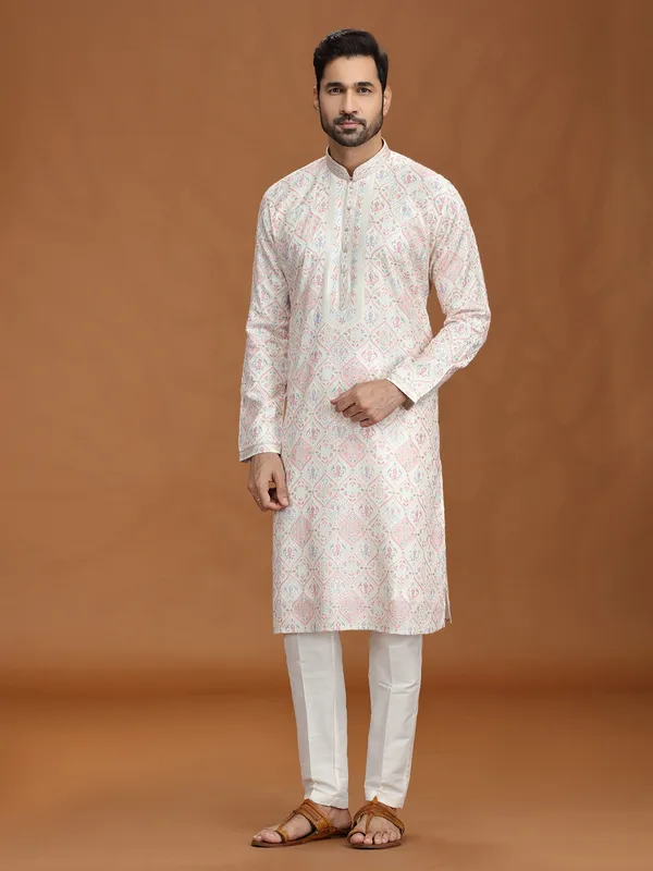 White viscose kurta suit with motif design