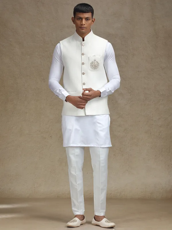 White waistcoat set with intricate work for mens wear