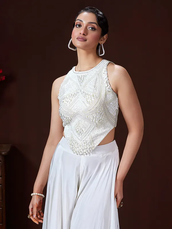 White weddig wear palazzo suit in tissue silk