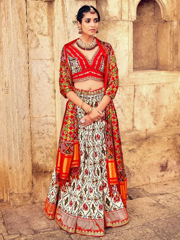 White wedding wear patola silk lehenga choli
