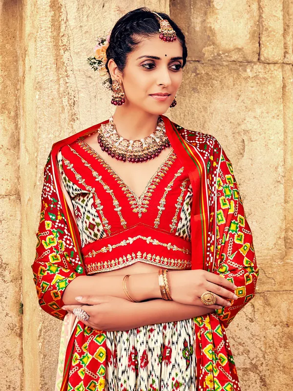 White wedding wear patola silk lehenga choli