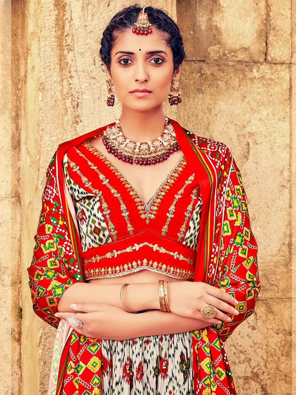 White wedding wear patola silk lehenga choli