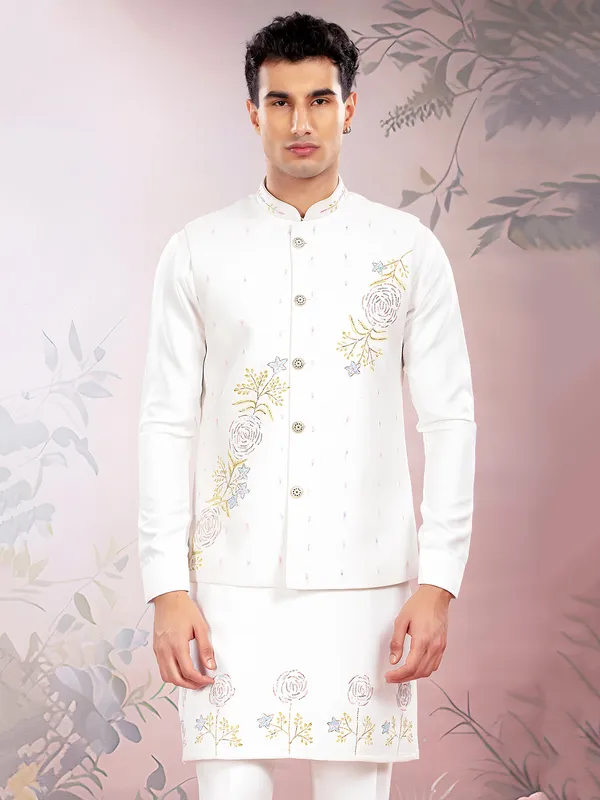 White wedding wear silk waistcoat set with print