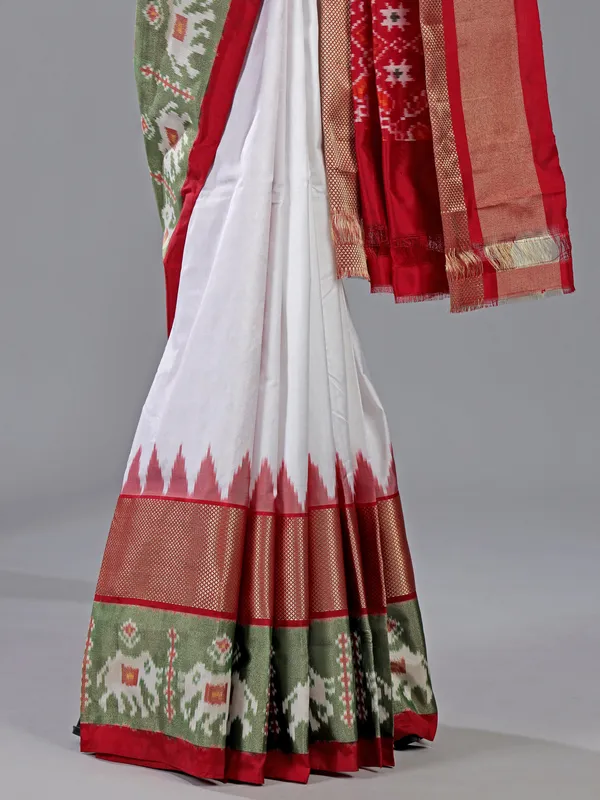 White zari weaving patola silk saree with prints