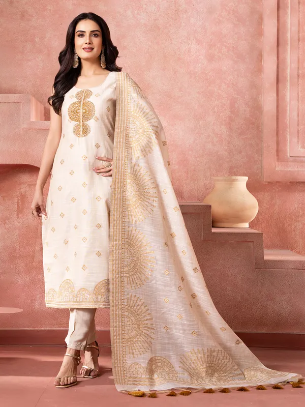 White zari worked silk straight cut salwar suit