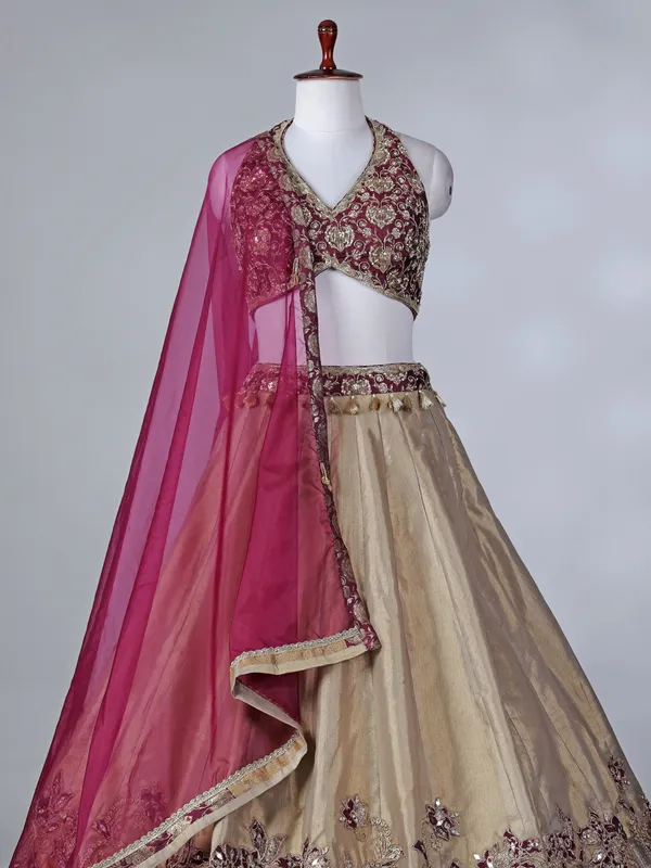 Wine and beige aabla zardosi lehenga choli