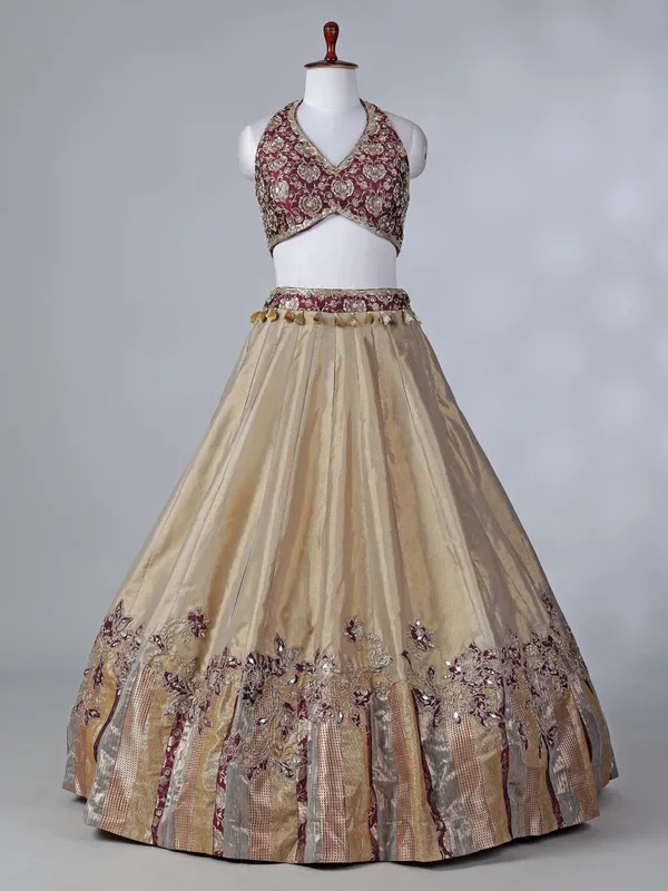 Wine and beige aabla zardosi lehenga choli