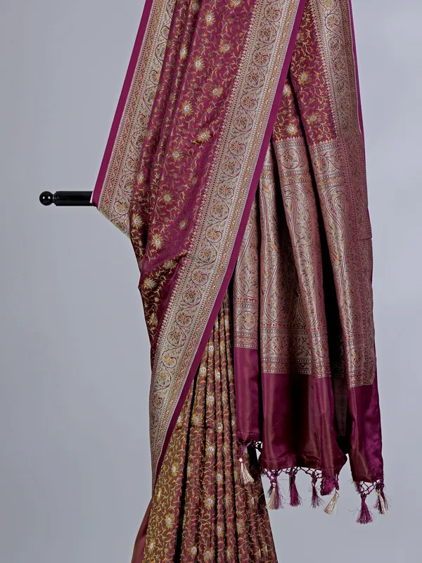 Wine art silk saree wedding wear with zari detailing