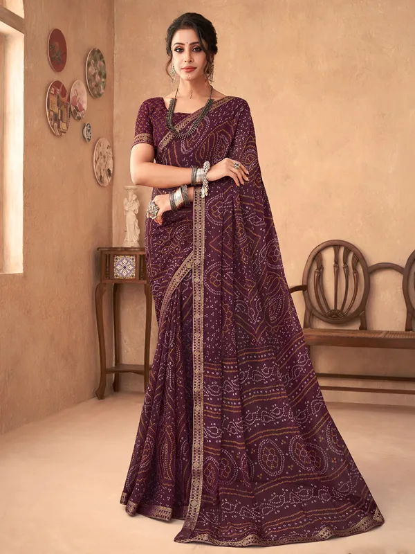 Wine bandhani printed chiffon saree