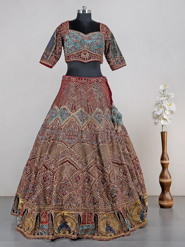 Maroon bridal look velvet lehenga choli for women